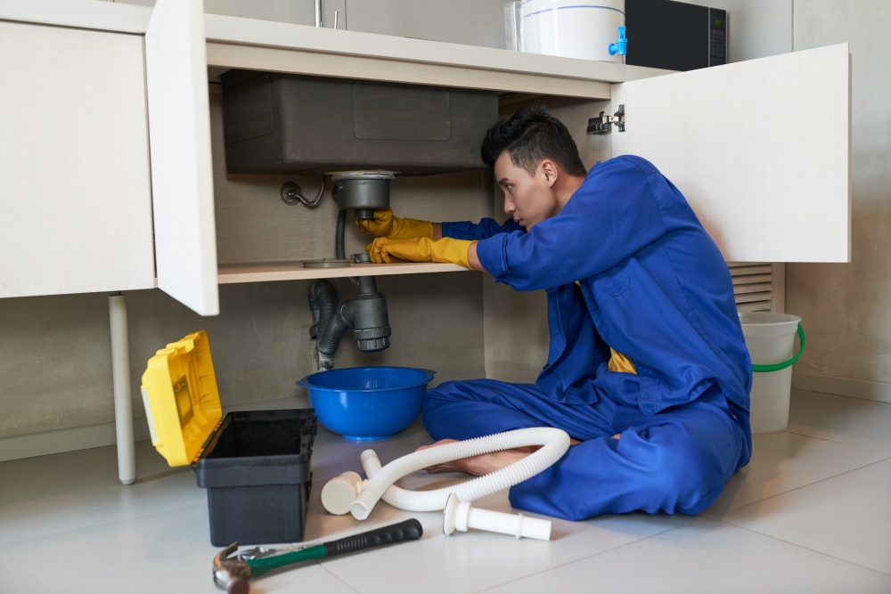 asian-plumber-blue-overalls-clearing-blockage-drain